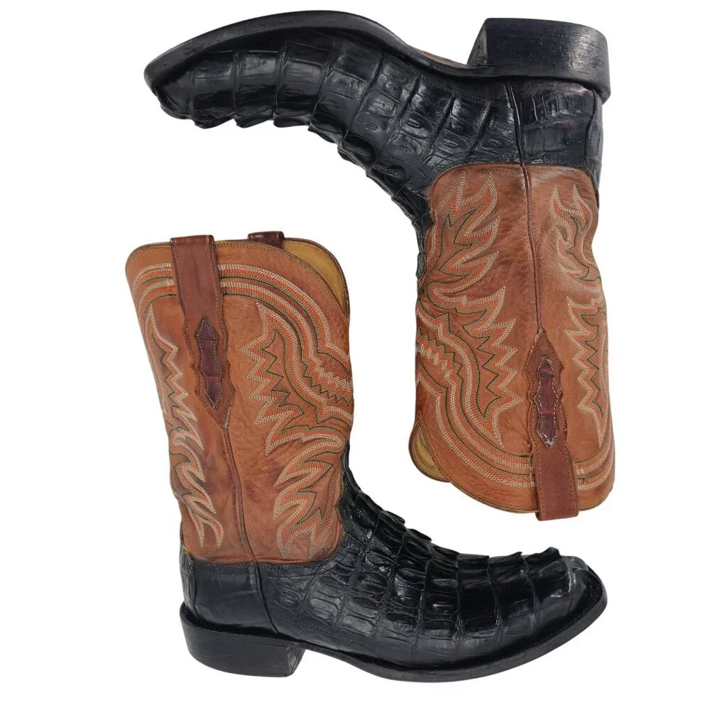 Lucchese Mens 9.5EE Tail-cut Caiman Black Brown Leather Cowboy Western Boots CBC - Picture 10 of 16